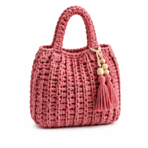 Pink Crocheted Handbag with Tassel Charm