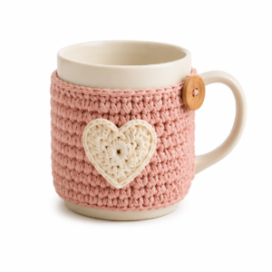 Pink Crocheted Heart Mug Cover